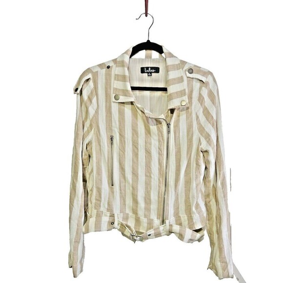 Lulu’s Vacation Signature Taupe and Ivory Striped Belted Moto Jacket Large - Picture 4 of 16